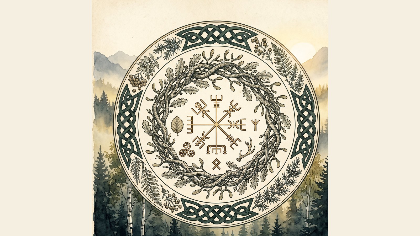 Il Cerchio del Druido · emblema con Vegvisir, simboli celtici e norreni